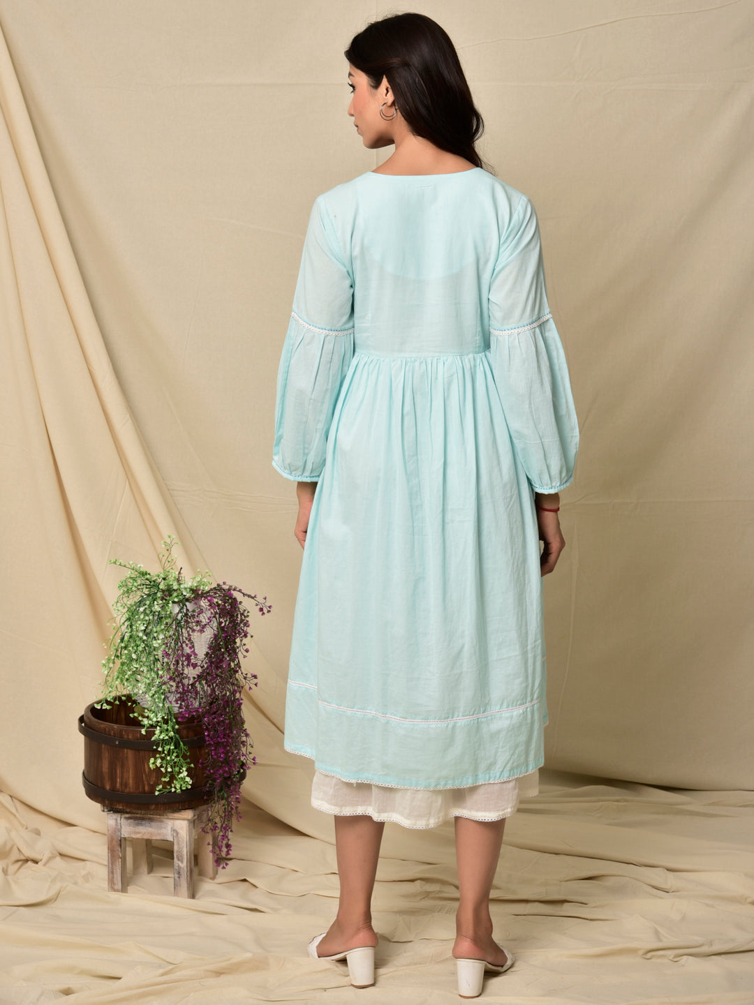 Cotton Shell Tuck Layered Dress in Aqua Blue