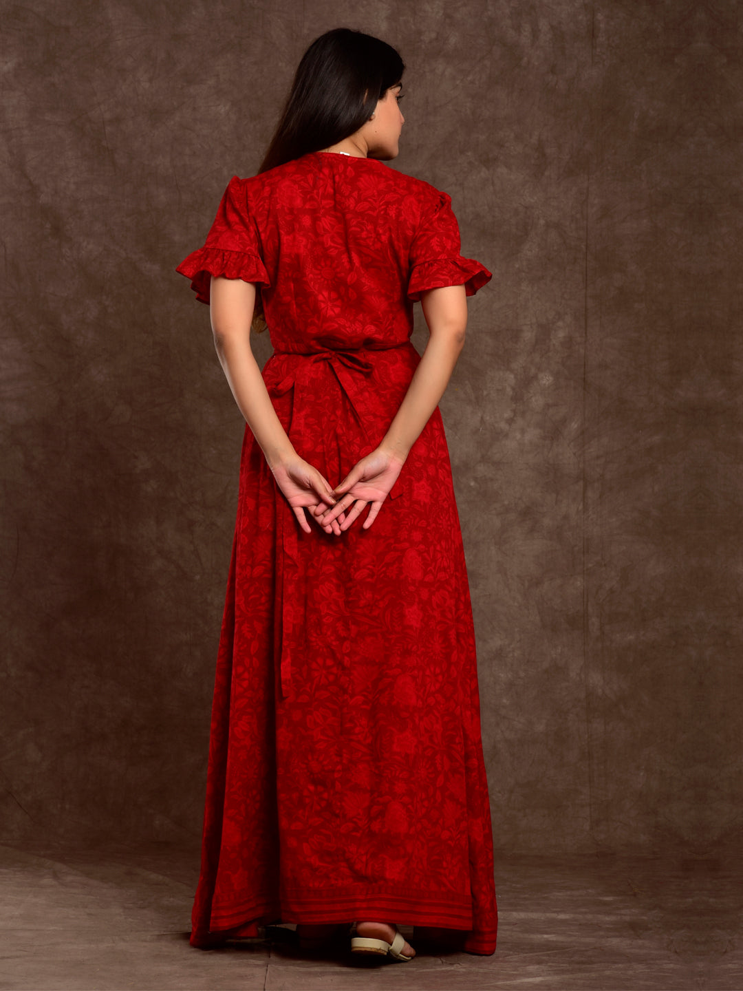 Cotton Women Wrap Dress Self Print Red Jaal
