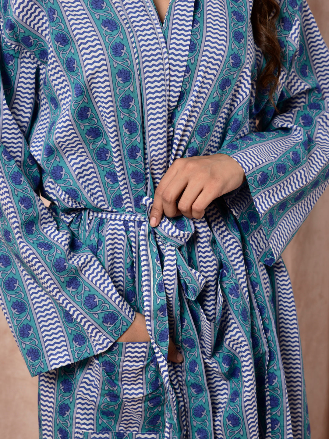 Cotton Women Lehariya Border Robes Blue