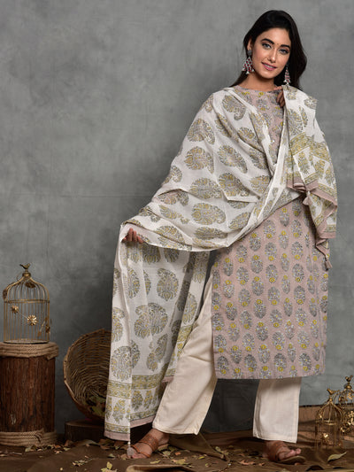 Cotton Mushroom Grey Booti Kurta Dupatta Pants Set