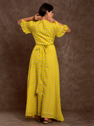 Cotton Women Wrap Dress Booti Yellow