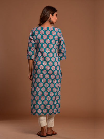 Cotton Palm Booti Kurta Teal Green
