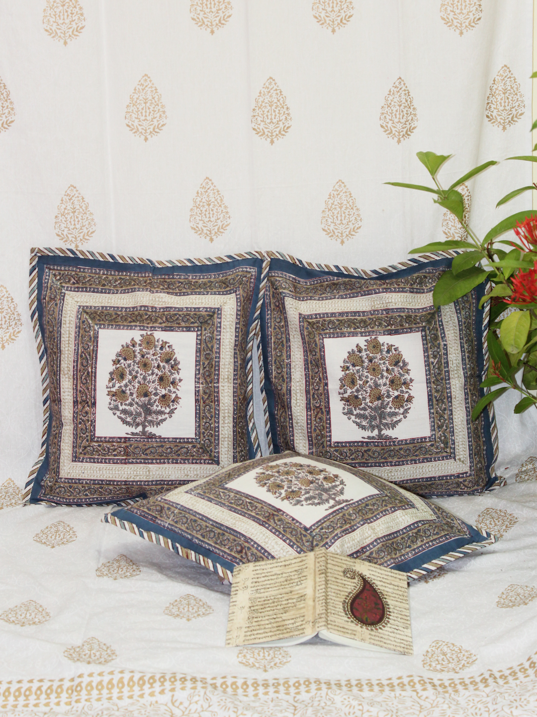 Elegance Beige and Blue Cotton Cushion Cover