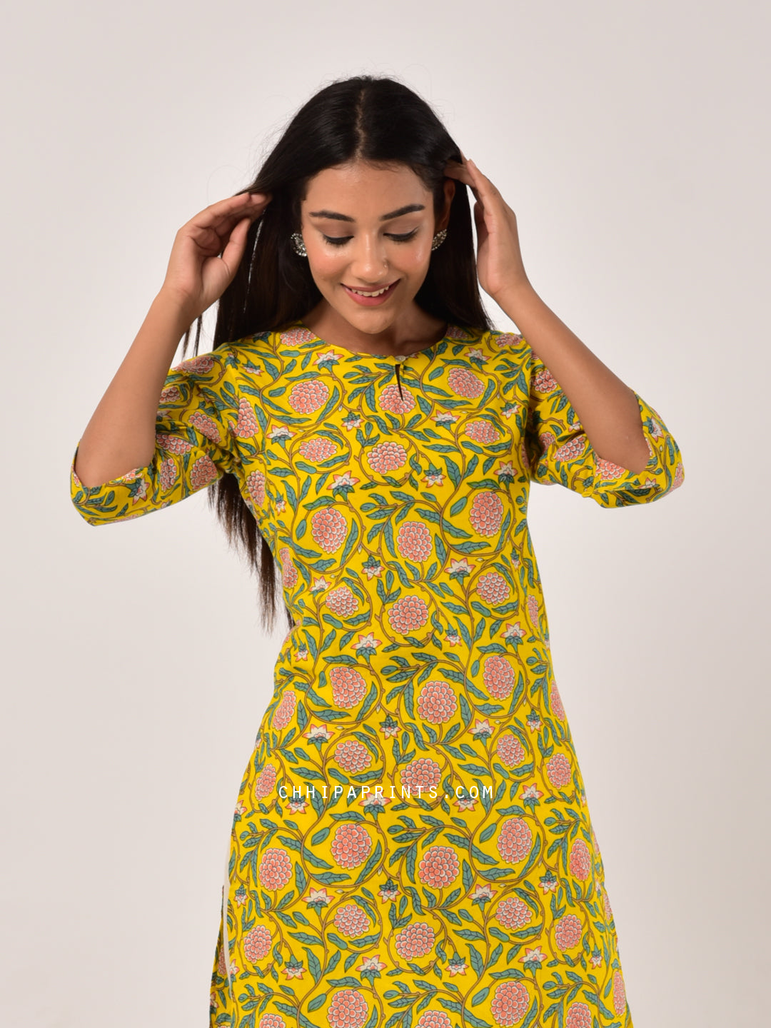 Cotton Floral Print Tunic in Yellow