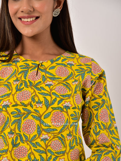 Cotton Floral Print Tunic in Yellow