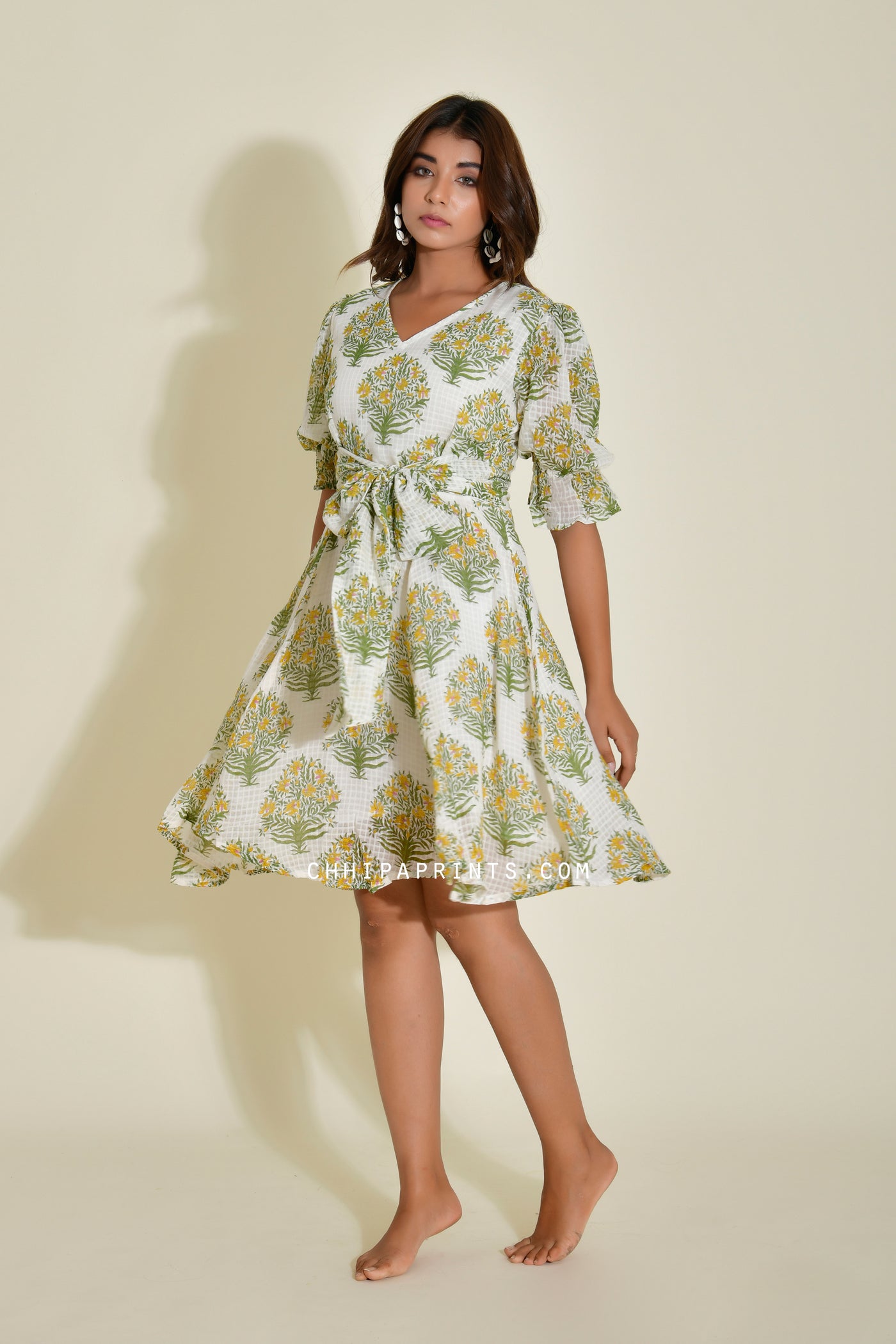 Cotton Dobby Mughal Boota Printed Front Tie Short Dress