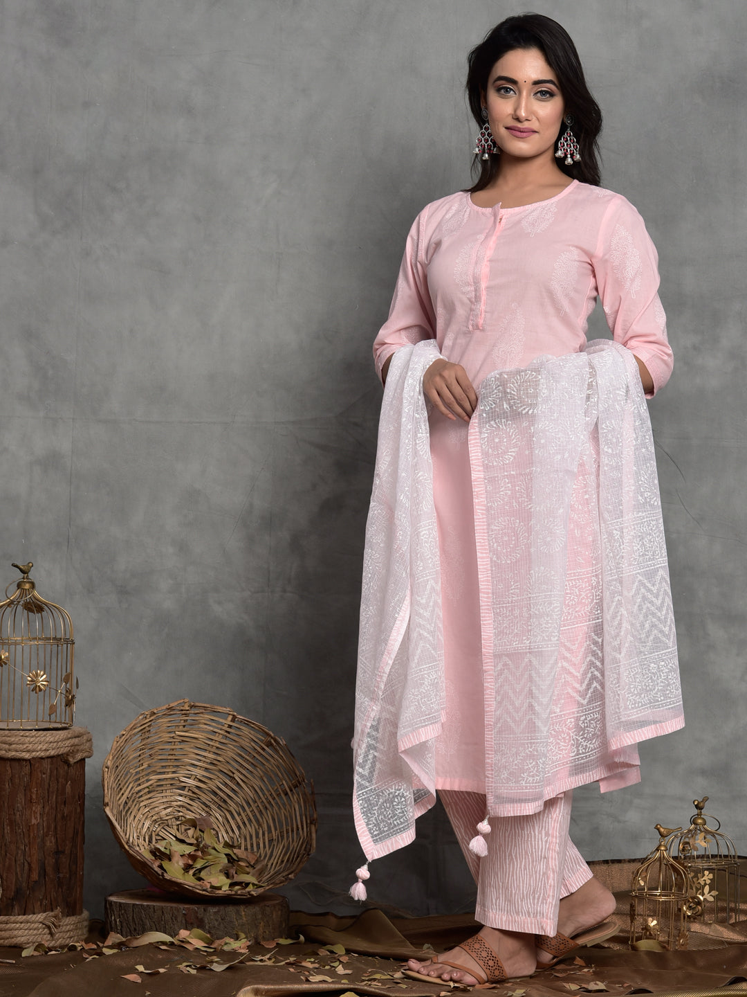 Cotton Kurta Khari Boota with Palazzo Dupatta Set Pink