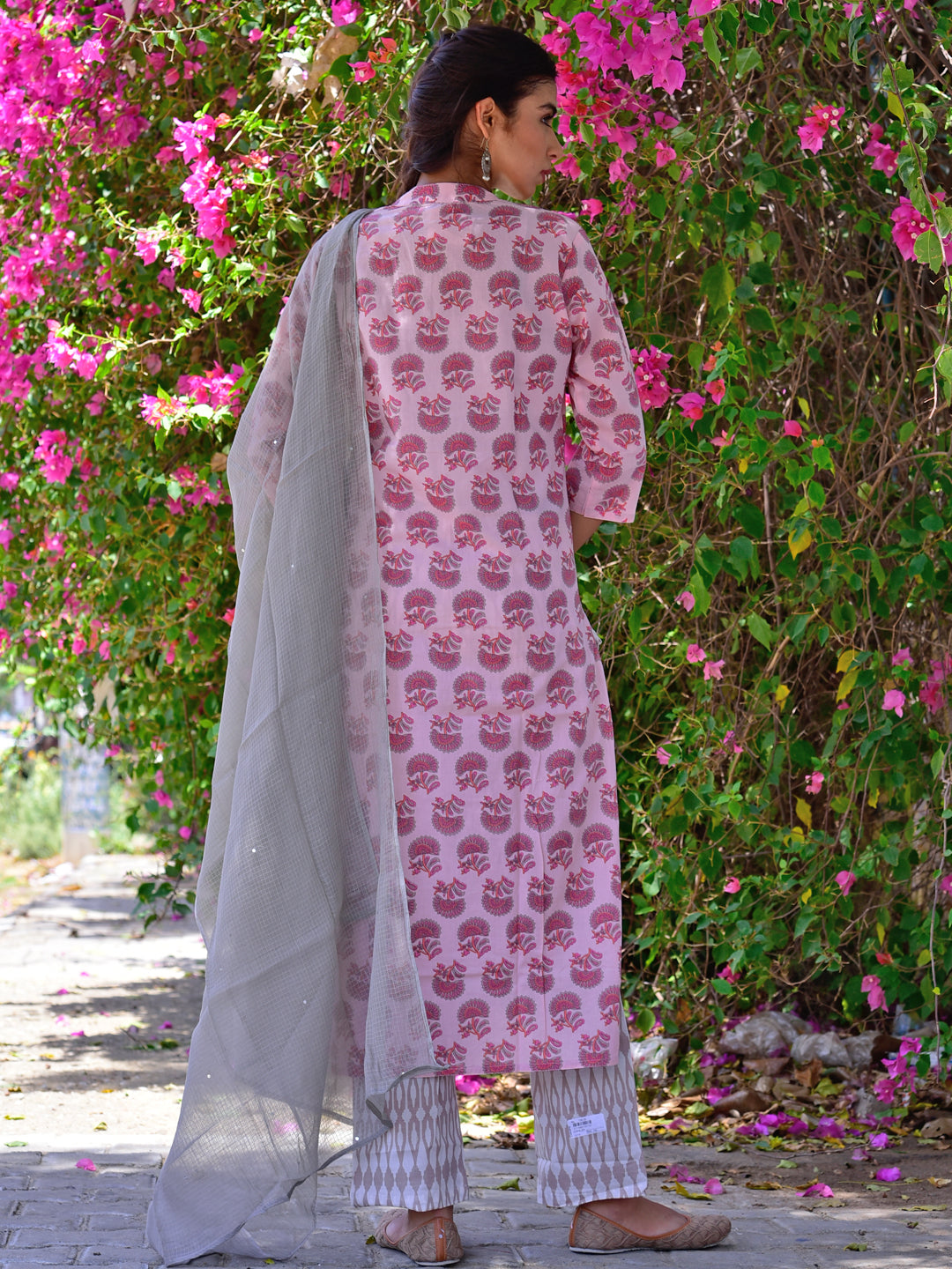 Cotton Blind Tuck Kurta Pink Boota Set