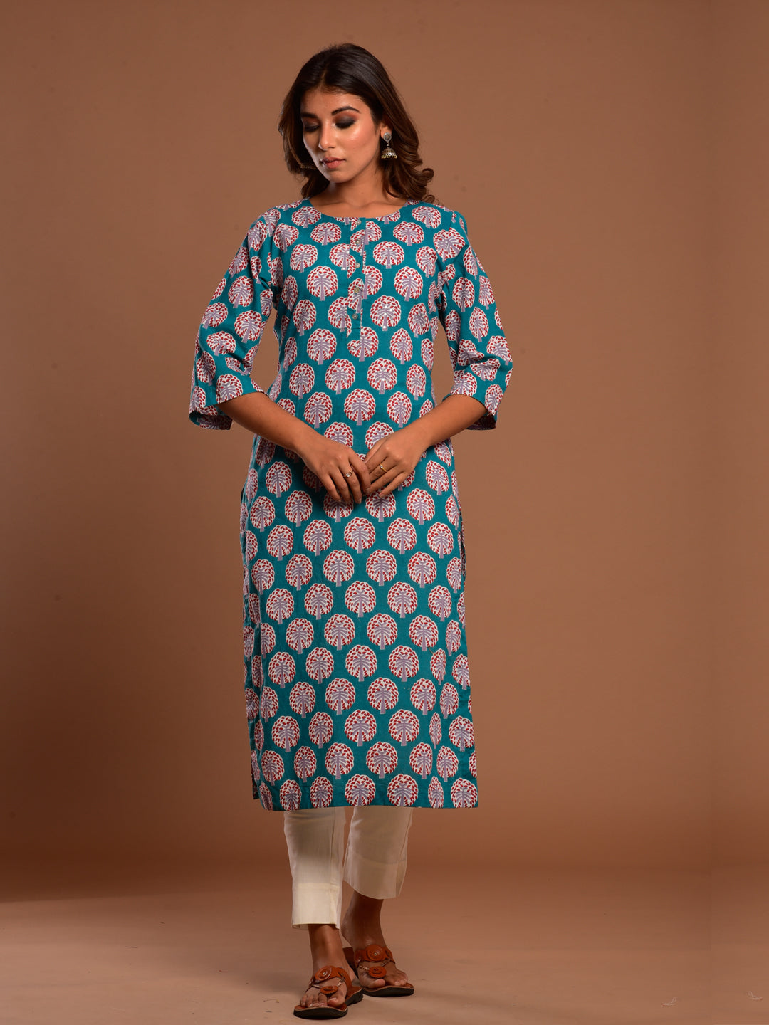 Cotton Palm Booti Kurta Teal Green