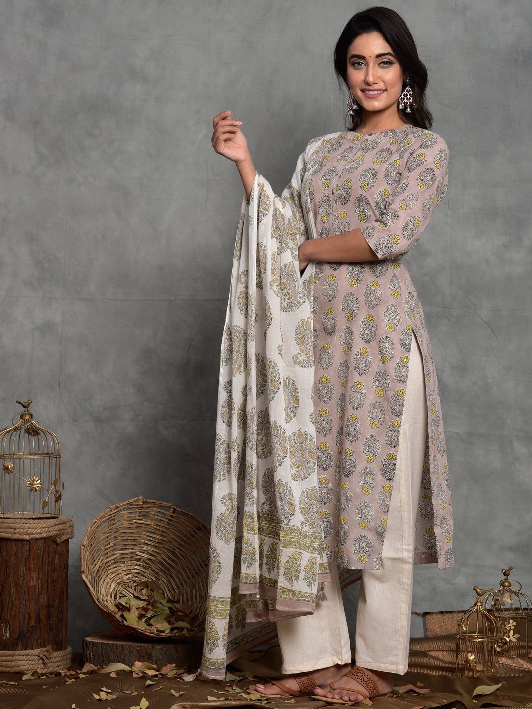 Cotton Mushroom Grey Booti Kurta Dupatta Pants Set