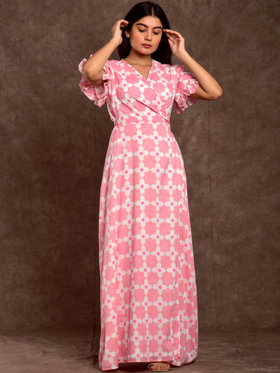 Cotton Women Wrap Dress Moroccan Print Pink