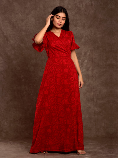 Cotton Women Wrap Dress Self Print Red Jaal