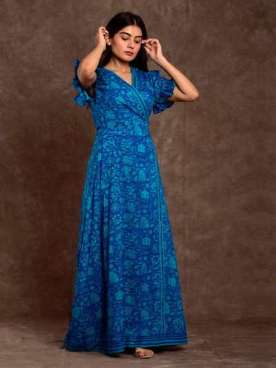 Cotton Women Wrap Dress Self Print Blue Jaal