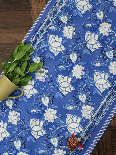 Blue Floral Print Canvas Table Runner