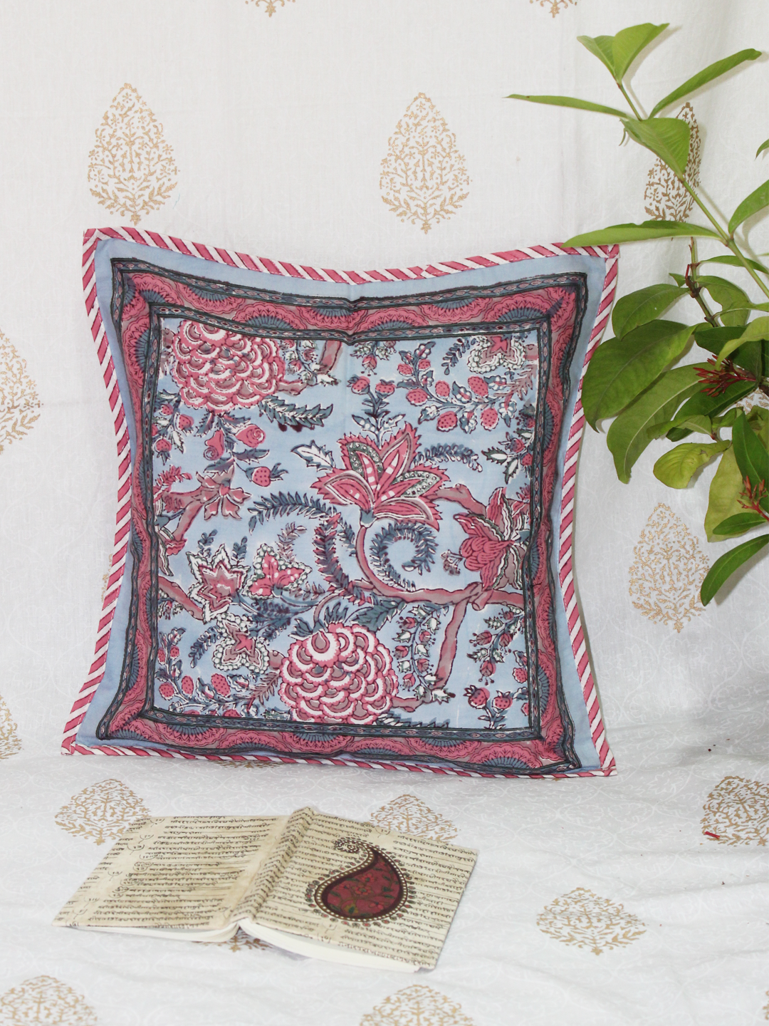 Cotton Big Flower Hand Block Printed Cushion Cover in Sea Blue and Pink