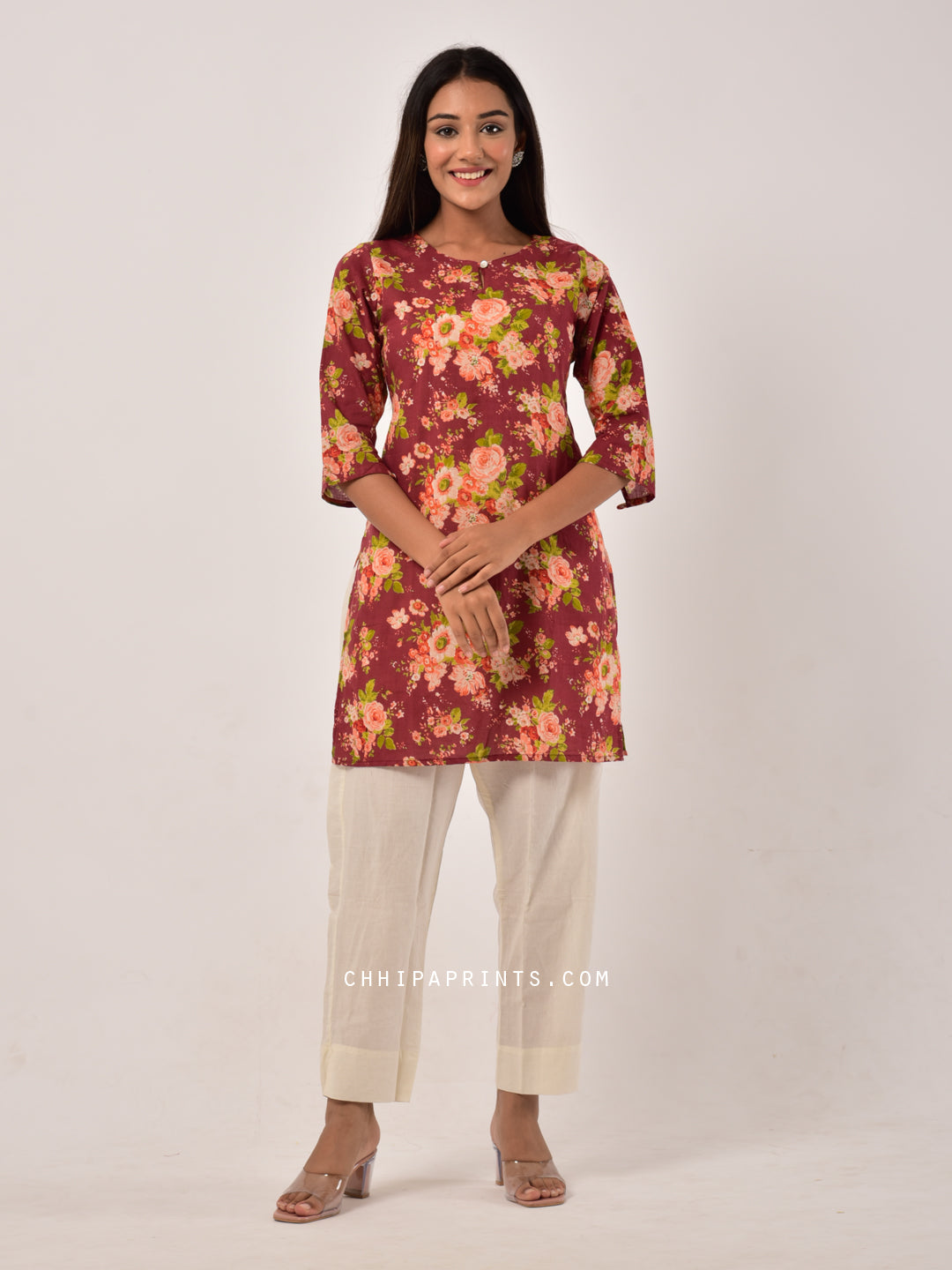 Cotton Chints Tunic in Mehroon