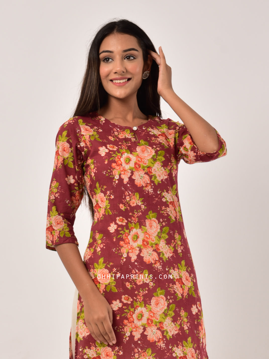 Cotton Chints Tunic in Mehroon