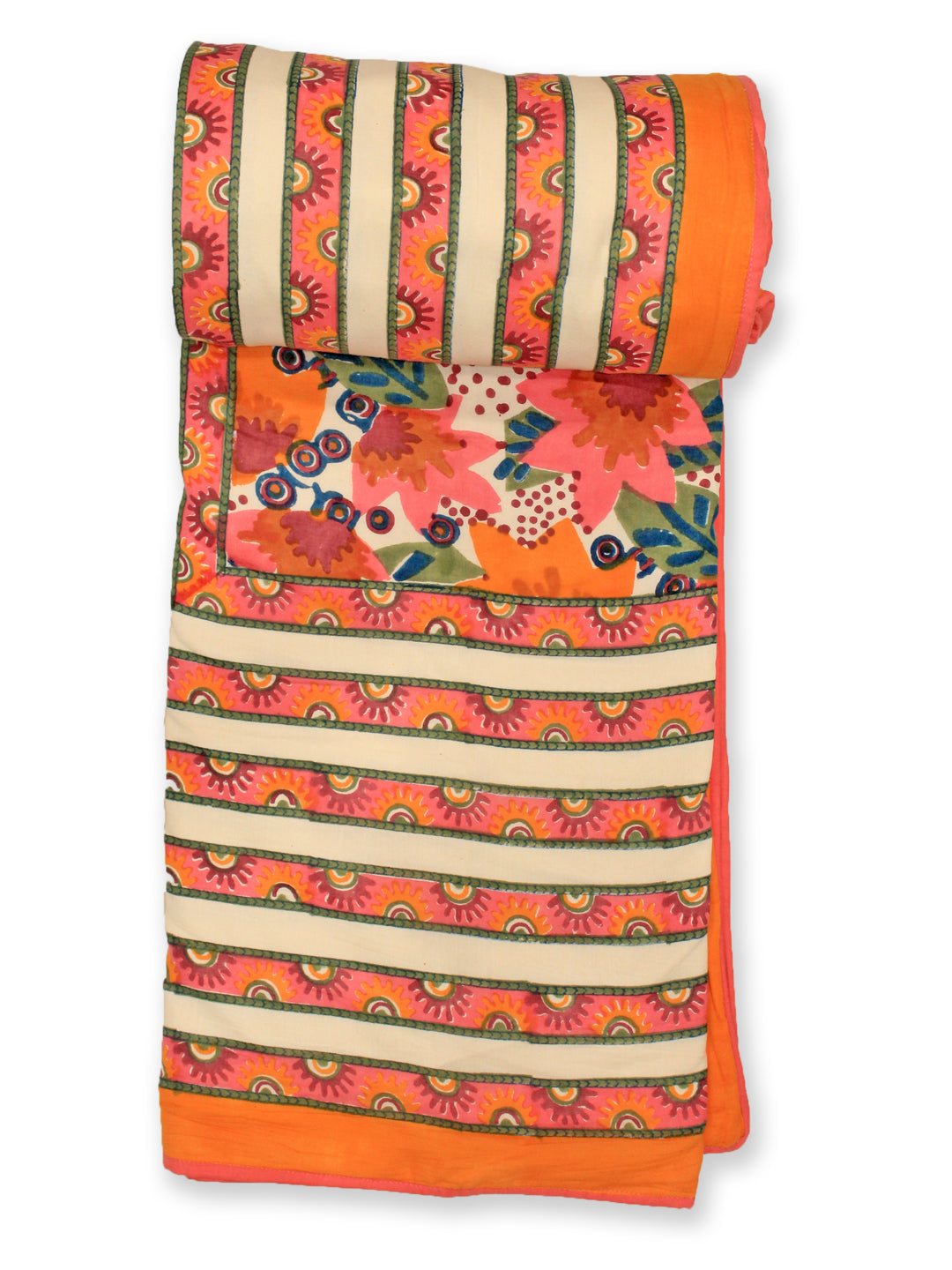 Cotton Floral Chattha Jaal Hand Block Print Dohar in Orange