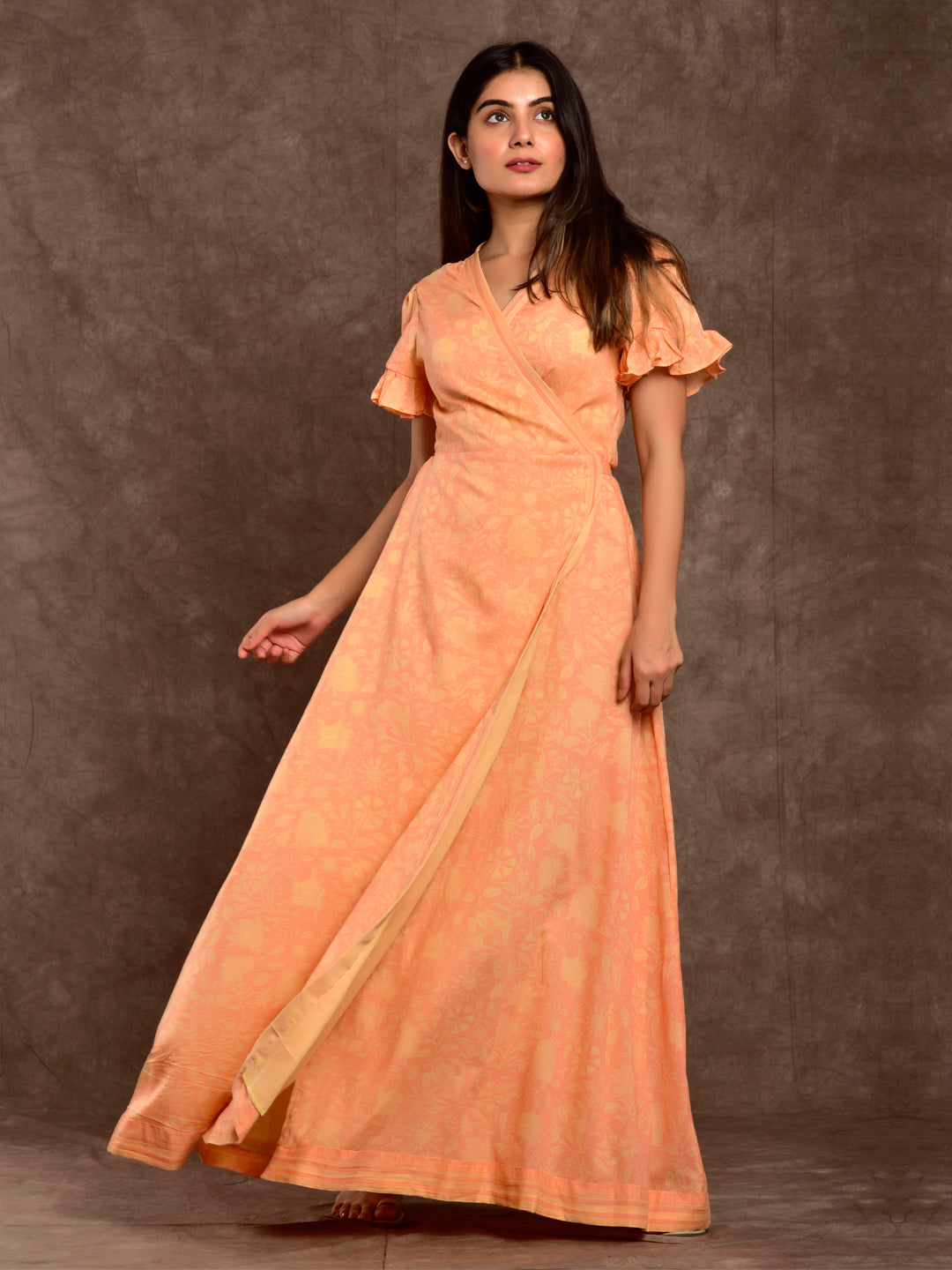 Cotton Women Wrap Dress Self Print Peach Jaal
