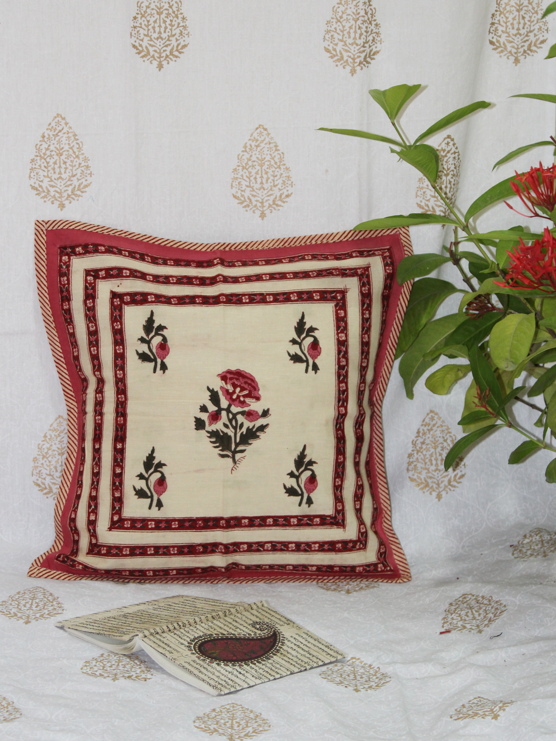 Beige and Pink Hand block Printed Cotton Cushion Cover