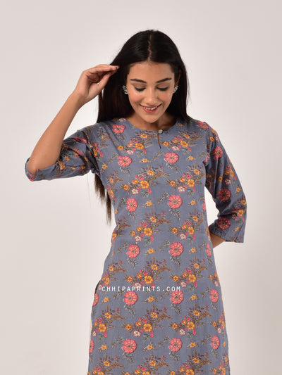 Cotton Floral Tunic in Grey