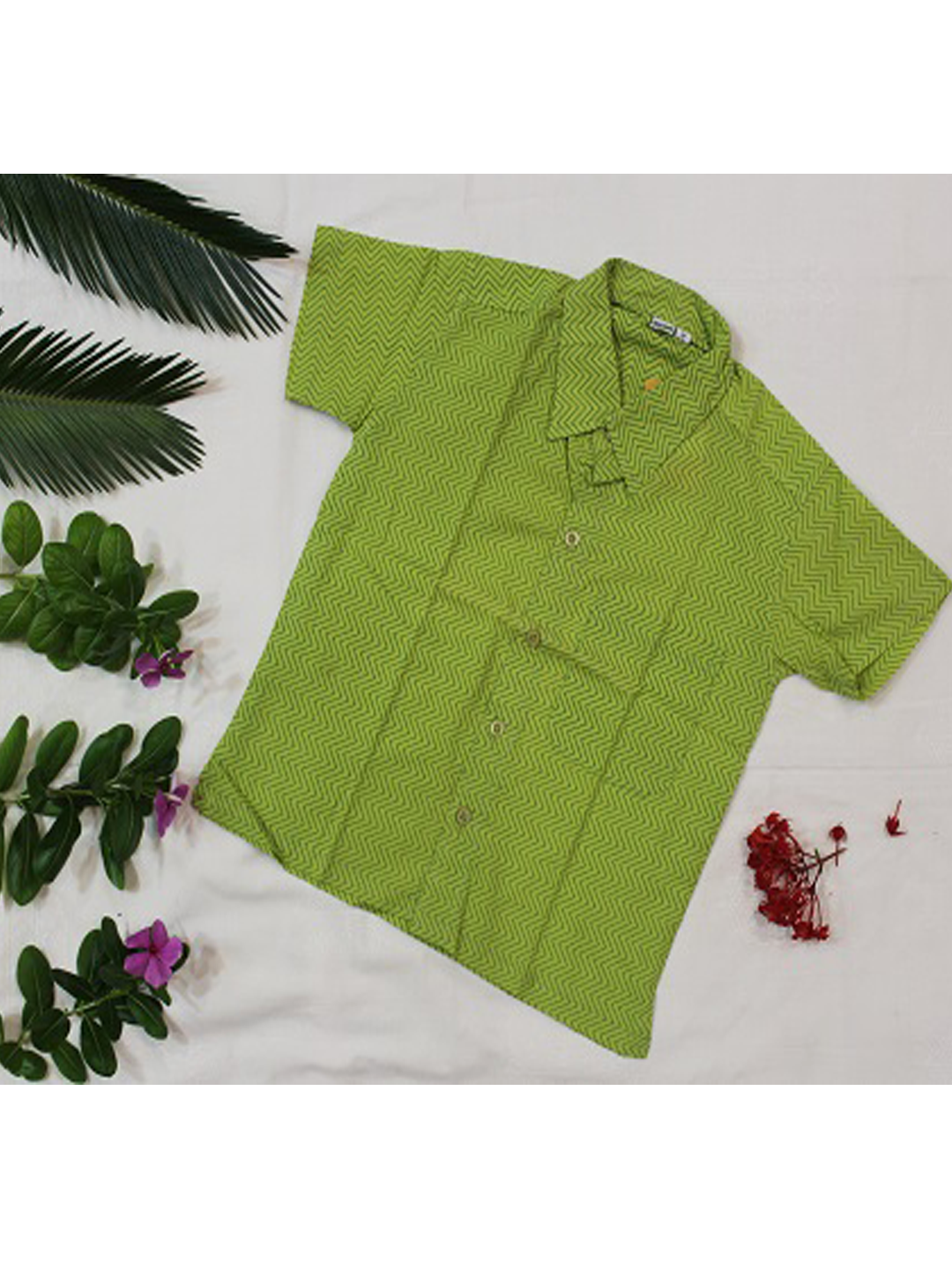 Green Zig Zag Hand Block Printed Shirt