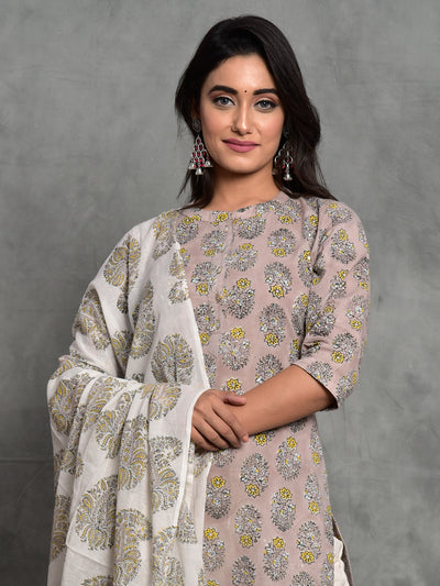 Cotton Mushroom Grey Booti Kurta Dupatta Pants Set