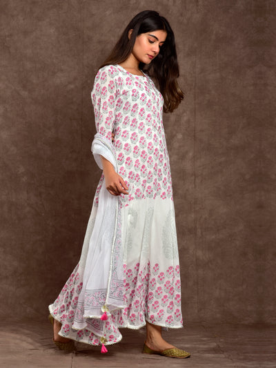 Women Cotton Anarkali Dress Panel Print Pink