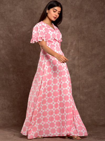 Cotton Women Wrap Dress Moroccan Print Pink
