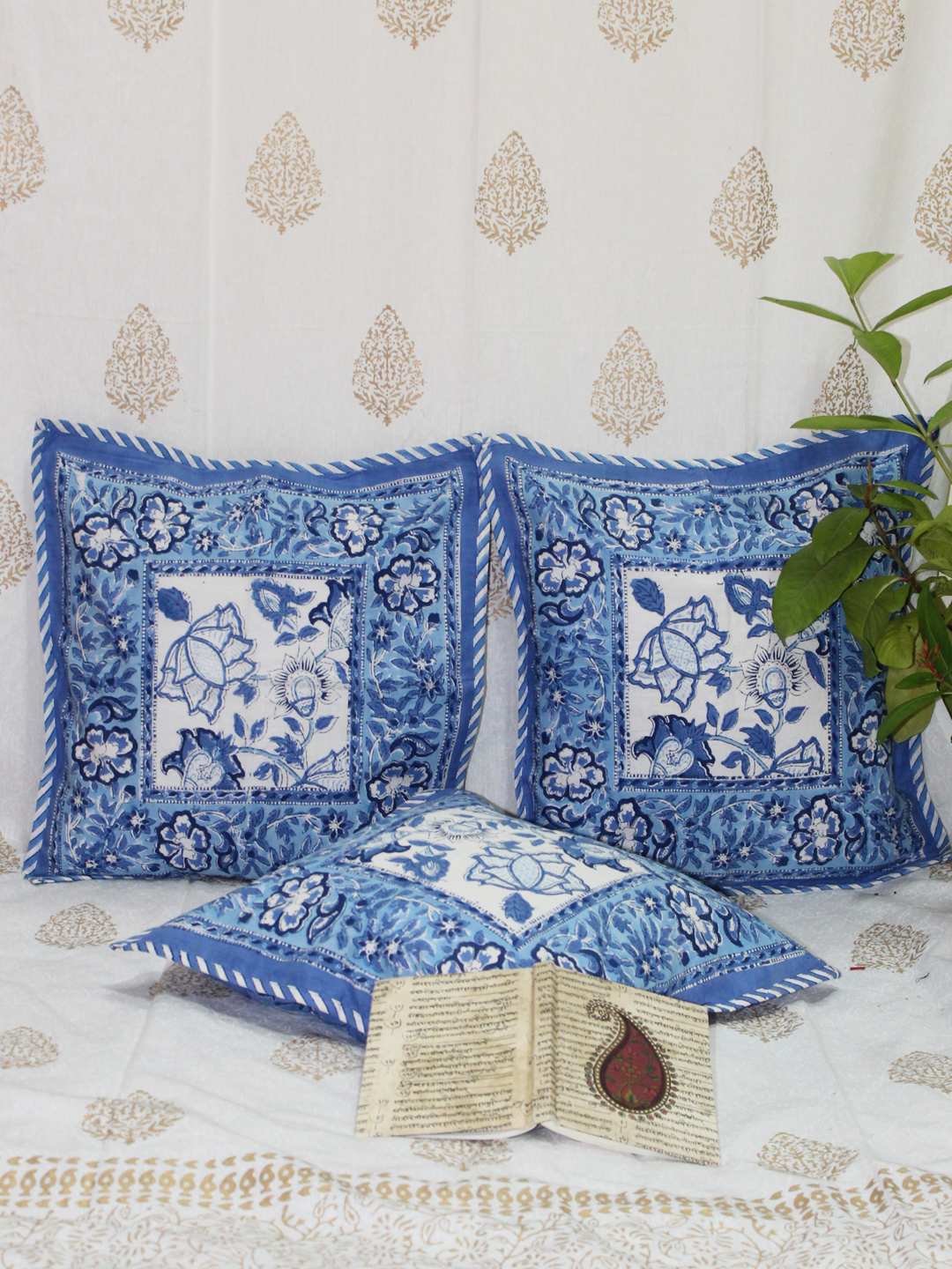 Cotton Floral Jaal Hand Block Printed Cushion Cover in Blue & White