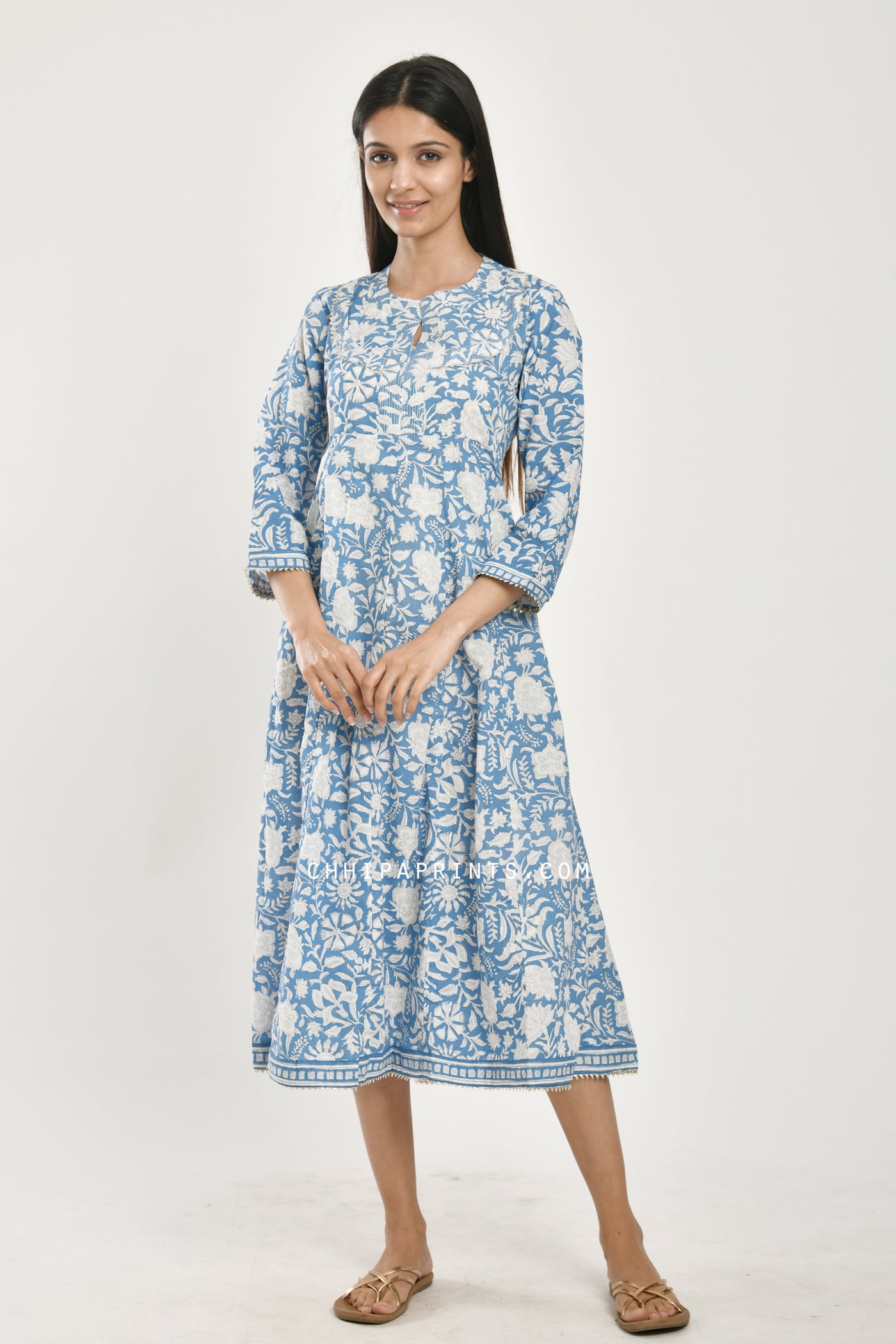Cotton Printed Kalidar Midi Dress in Classic Blue