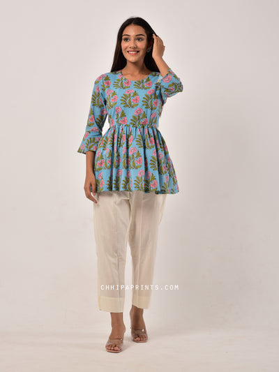 Cotton Buta Print Gather Top in Turquoise