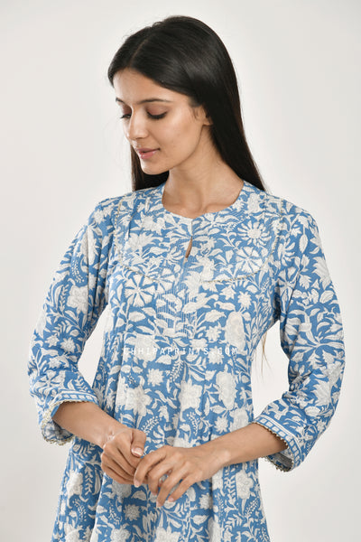 Cotton Printed Kalidar Midi Dress in Classic Blue