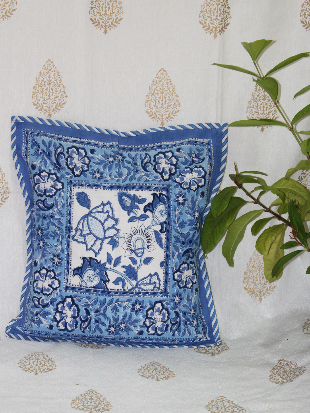Blue & White Handblock Printed Cotton Cushion Cover