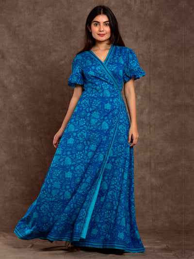 Cotton Women Wrap Dress Self Print Blue Jaal