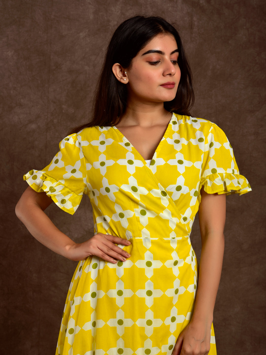 Cotton Women Wrap Dress Moroccan Print Lime Green ChhipaPrints