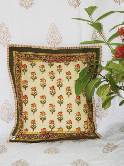 Beige and Green Hand block Printed Cotton Cushion Cover