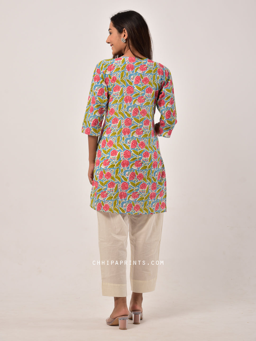 Cotton Floral Print Tunic in Firozi