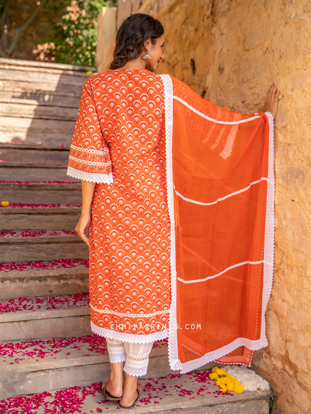 Cotton Buti Print V Neck Lace Kurta Suit Set in Burnt Orange