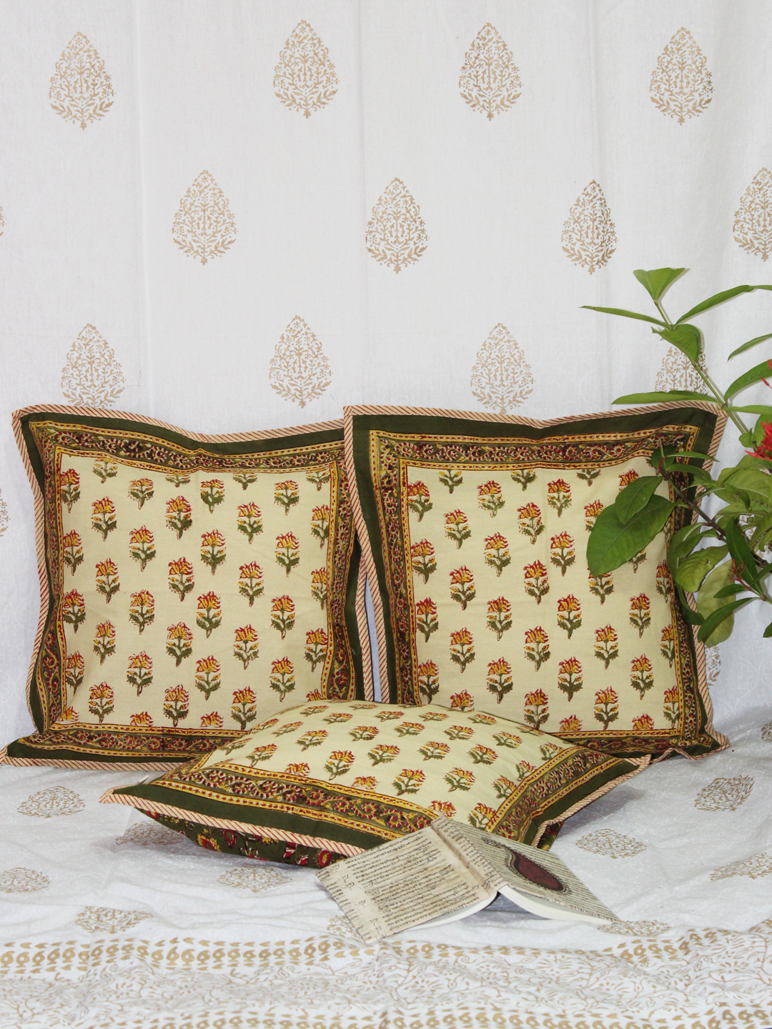 Beige and Green Hand block Printed Cotton Cushion Cover