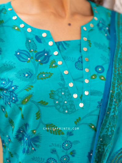Cotton Jaal Print Sequin Work Suit Set in Turquoise Blue