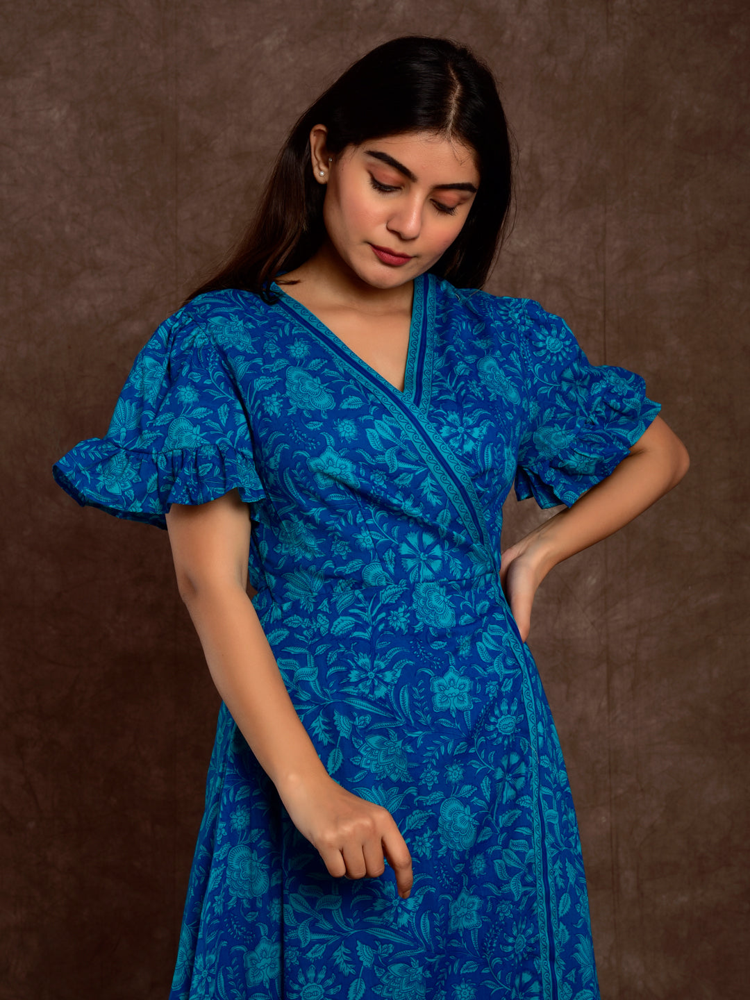 Cotton Women Wrap Dress Self Print Blue Jaal – ChhipaPrints