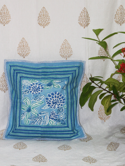 Cotton Flower Jaal Hand Block Print Cushion Cover in Sky Blue