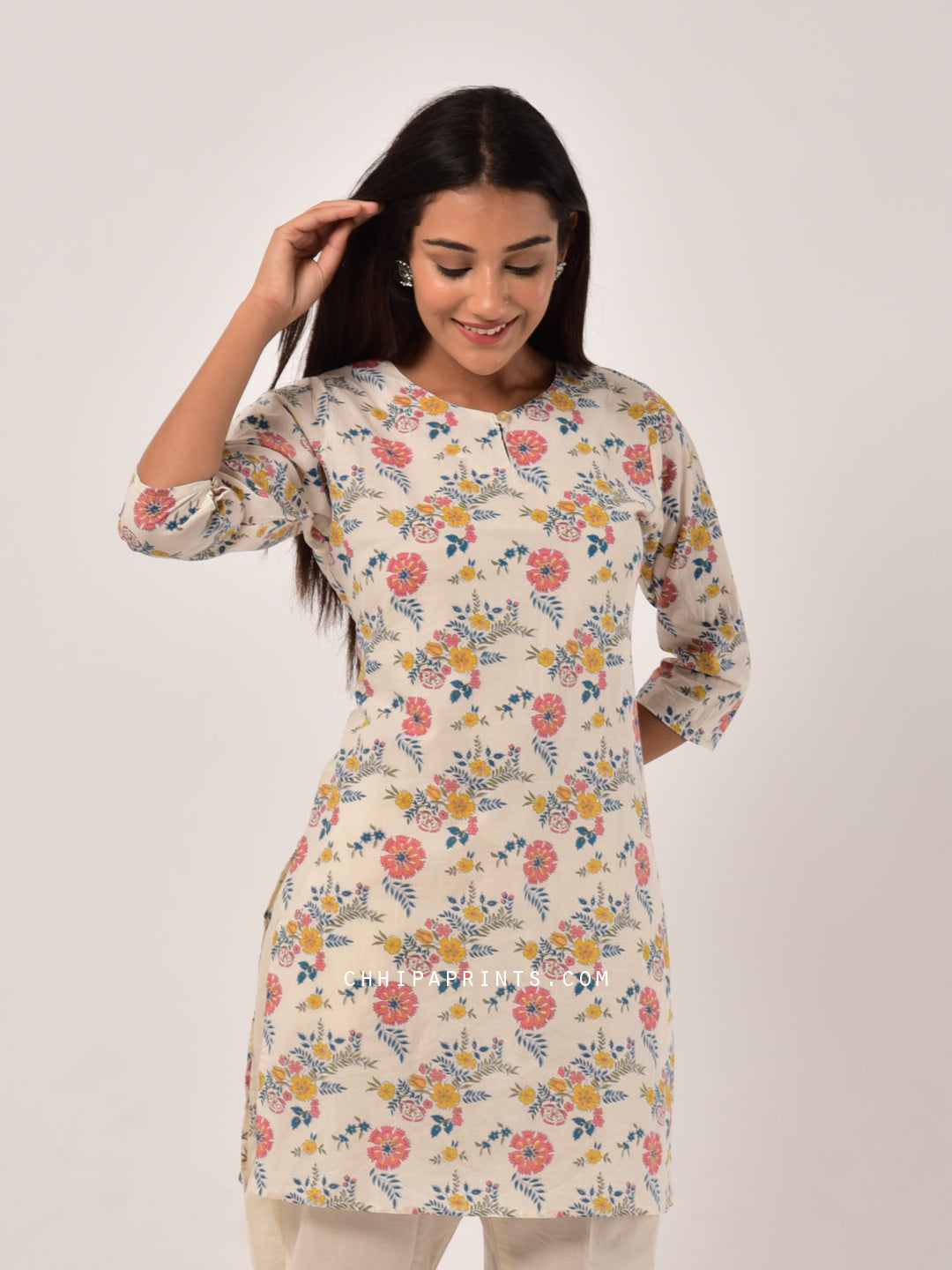 Cotton Floral Print Tunic in Natural White