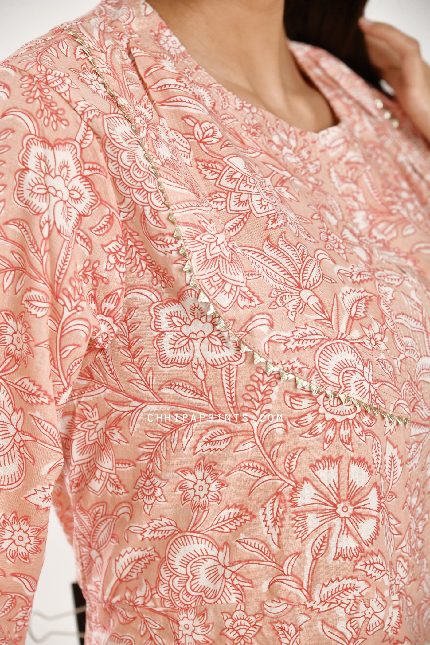 Cotton Printed Kalidar Midi Dress in Peach Dust