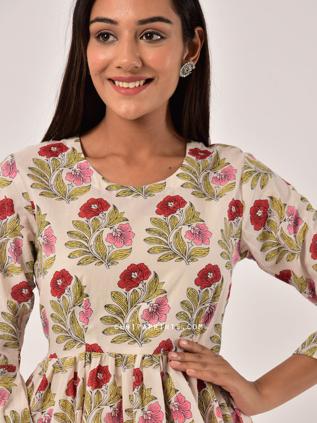 Cotton Buta Print Gather Top in Natural