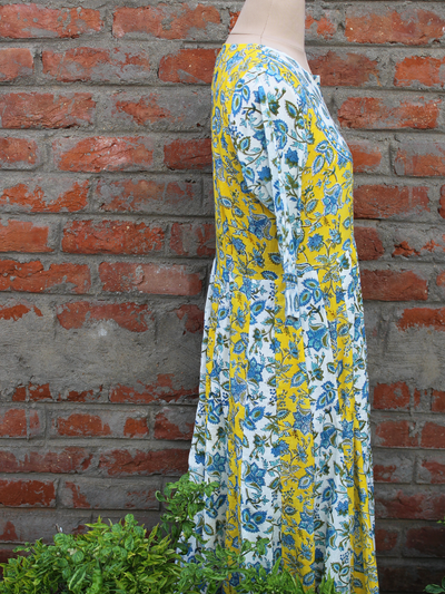 Yellow and White Color Cotton Floral Jaal Anarkali