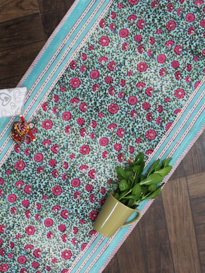 Sea Green Floral Jaal Canvas Table Runner