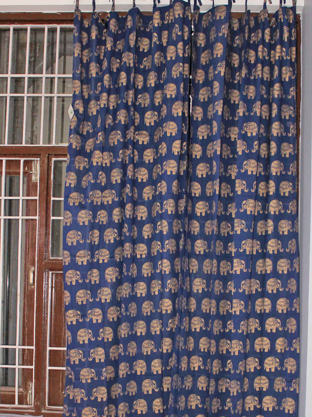 Curtain Gold Elephant Hand Block Print Navy Blue