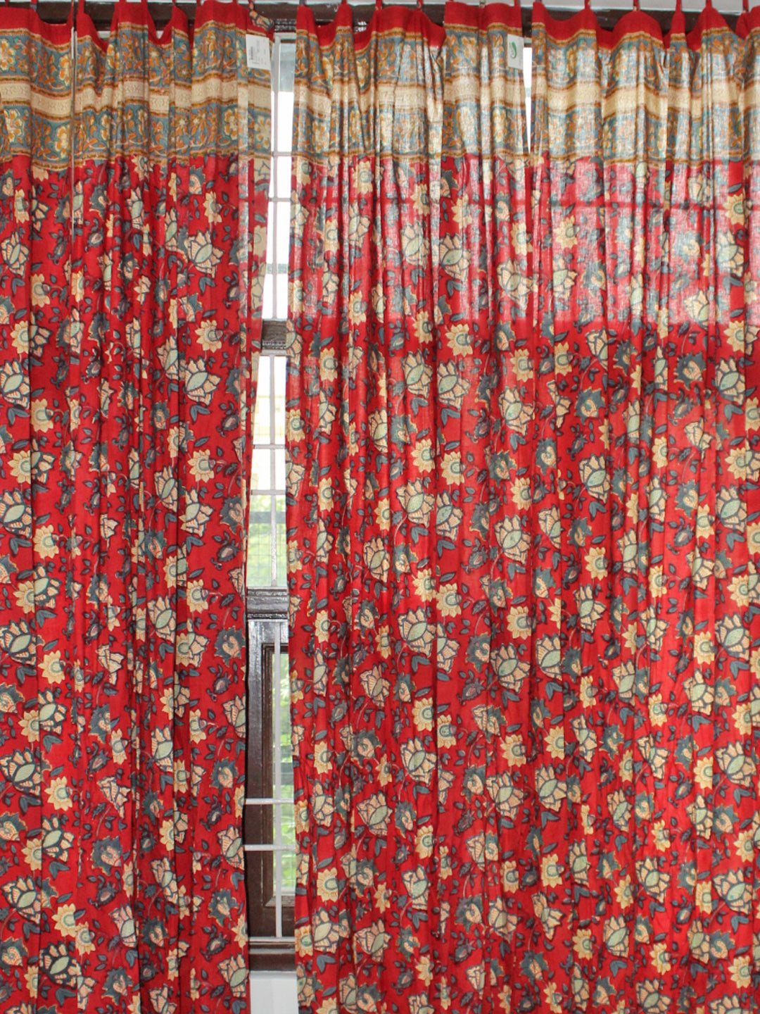 Curtain Big Flower Jaal Hand Block Print in Red